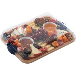 imageFARBERWARE BuildABoard Acacia Cutting Board with Builtin Storage Compartments Clear Locking Lid ampamp White Handles Great for Charcuterie ampamp SnacksNavy