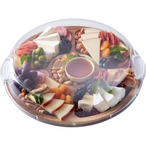 imageFARBERWARE BuildaBoard Cutting Board with Lazy Susan Turntable Five Compartments and Clear Locking Lid for Charcuterie Snacks and More AcaciaWhite