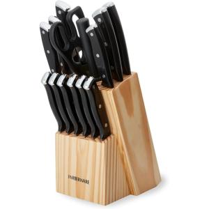 imageFARBERWARE 15Piece Knife Block Set TripleRiveted HighCarbon Stainless Steel Kitchen Knives Razor Sharp Blades Wood Storage Block WhitegoldBlack Pine