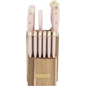 imageFARBERWARE 15Piece Knife Block Set TripleRiveted HighCarbon Stainless Steel Kitchen Knives Razor Sharp Blades Wood Storage Block WhitegoldBlush and Gold