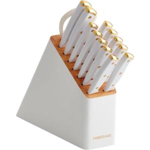 imageFARBERWARE 15Piece Knife Block Set TripleRiveted HighCarbon Stainless Steel Kitchen Knives Razor Sharp Blades Wood Storage Block WhitegoldWhite and Gold