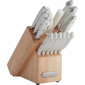 imageFarberware 15Piece Forged Triple Rivet Knife Block Set RazorSharp Kitchen Knife Set with Wood Block HighCarbon Stainless Steel WhiteWhite