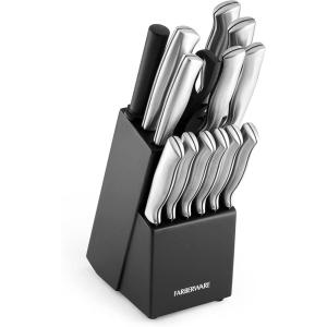 imageFarberware 15Piece Stamped Stainless Steel Knife Block Set HighCarbon Stainless Steel Kitchen Knife Set with Ergonomic Handles RazorSharp Knives with Wood Block 15Piece Set GraphiteBlack