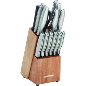 imageFarberware 15Piece Stamped Stainless Steel Knife Block Set HighCarbon Stainless Steel Kitchen Knife Set with Ergonomic Handles RazorSharp Knives with Wood Block 15Piece Set GraphiteAcacia Wood