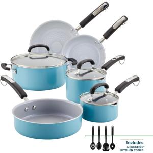 imageFarberware EcoAdvantage Ceramic Nonstick Straining SaucepanSauce Pan with Lid 3 Quart AquaAqua
