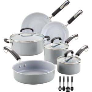 imageFarberware EcoAdvantage Ceramic Nonstick Straining SaucepanSauce Pan with Lid 3 Quart AquaGray