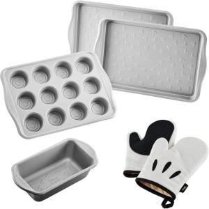 imageFarberware Disney Bake with Mickey Mouse Nonstick Bakeware SetBaking Pans 6 Piece  BlackBakeware Set with Oven Mitts