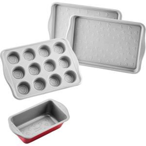imageFarberware Disney Bake with Mickey Mouse Nonstick Bakeware SetBaking Pans with Disney Home Oven Mitts Cookie Pans MuffinCupcake and Loaf Pan 6 Piece Non Stick Bakeware Set  RedBakeware Set I