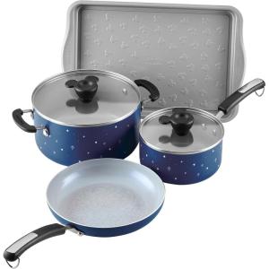 imageFarberware Disney Bon Voyage Ceramic Nonstick Pots and Pans Set with Baking SheetCookie Pan and Disney Home Kitchen Tools 8 Piece Non Stick Cookware Set  BlueBlue