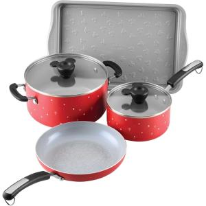 imageFarberware Disney Bon Voyage Ceramic Nonstick Pots and Pans Set with Baking SheetCookie Pan and Disney Home Kitchen Tools 8 Piece Non Stick Cookware Set  BlueRed