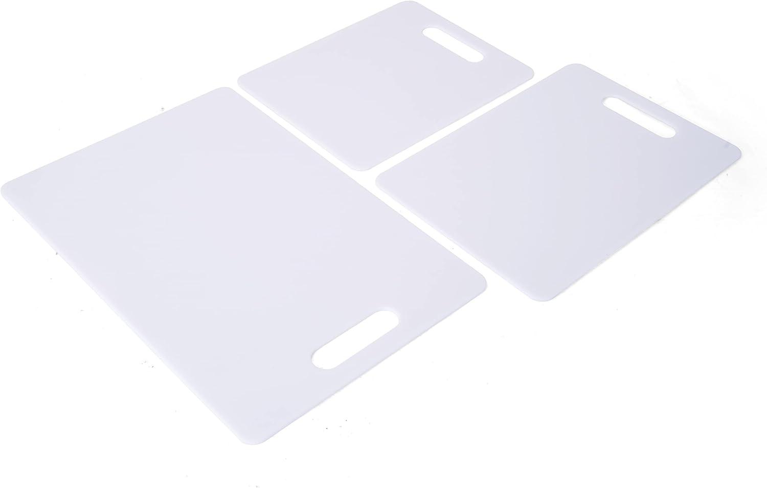 imageFarberware 3Piece Plastic Cutting Board Set DishwasherSafe Poly Chopping Board for Kitchen with Paddle Charcuterie Board Set WhiteSet  Cutting Board