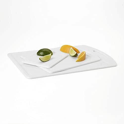 imageFarberware 3Piece Plastic Cutting Board Set DishwasherSafe Poly Chopping Board for Kitchen with Paddle Charcuterie Board Set WhiteSet