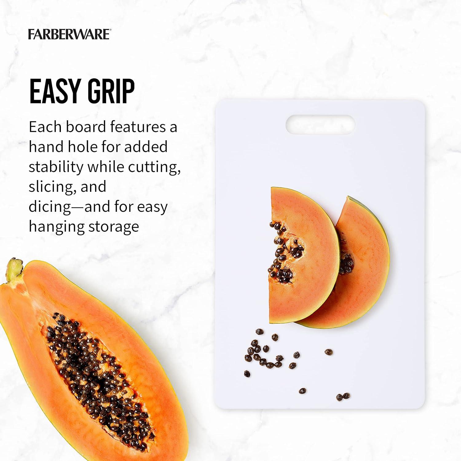imageFarberware 3Piece Plastic Cutting Board Set DishwasherSafe Poly Chopping Board for Kitchen with Paddle Charcuterie Board Set WhiteSet