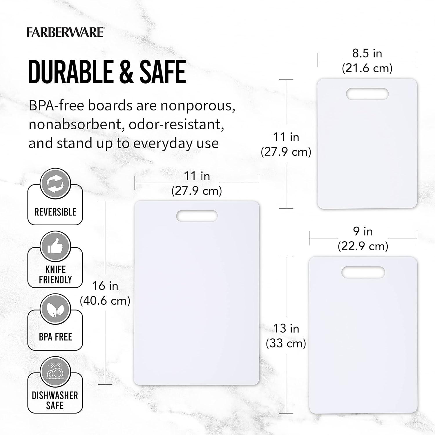 imageFarberware 3Piece Plastic Cutting Board Set DishwasherSafe Poly Chopping Board for Kitchen with Paddle Charcuterie Board Set WhiteSet