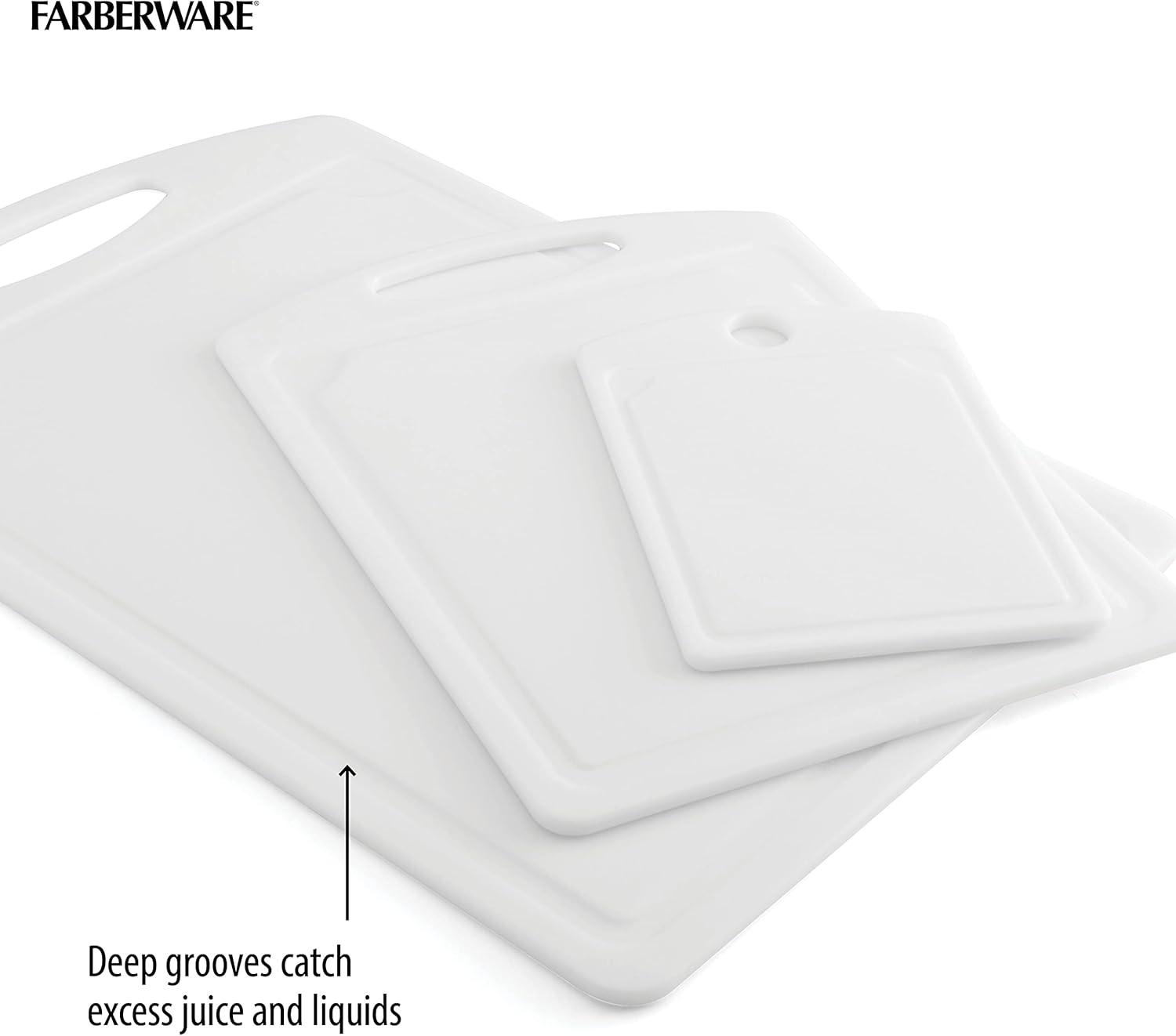 imageFarberware 3Piece Plastic Cutting Board Set DishwasherSafe Poly Chopping Board for Kitchen with Paddle Charcuterie Board Set WhiteSet