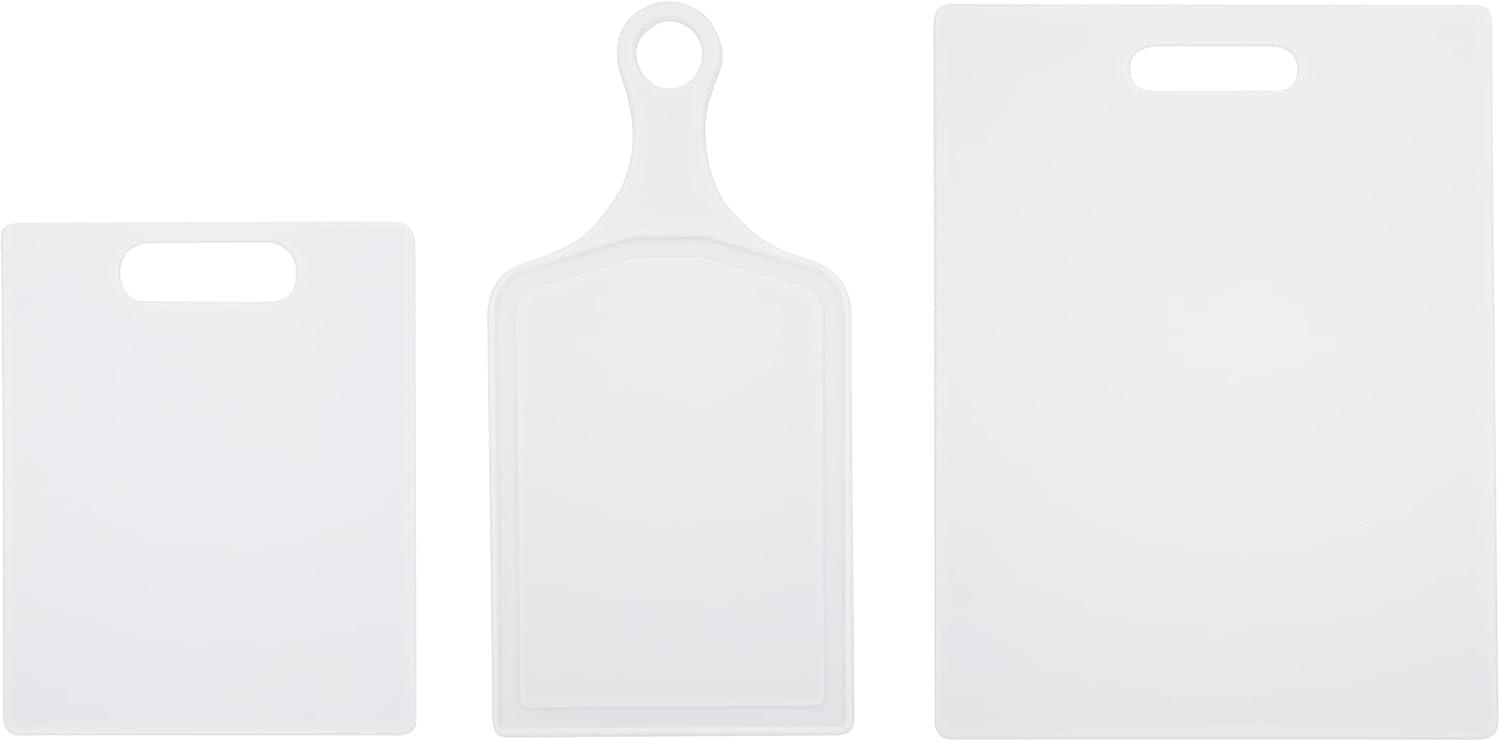 imageFarberware 3Piece Plastic Cutting Board Set DishwasherSafe Poly Chopping Board for Kitchen with Paddle Charcuterie Board Set WhiteSet
