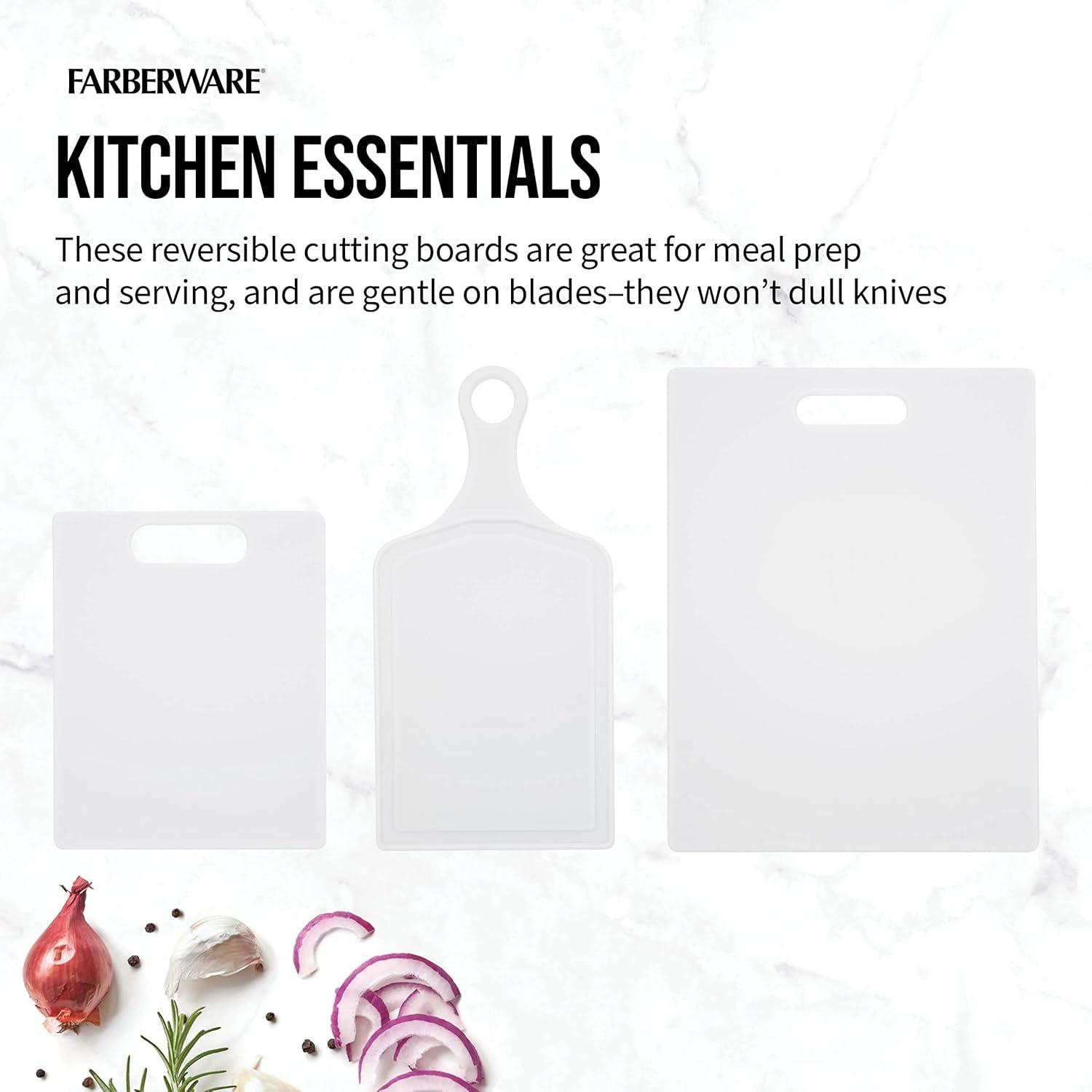 imageFarberware 3Piece Plastic Cutting Board Set DishwasherSafe Poly Chopping Board for Kitchen with Paddle Charcuterie Board Set WhiteSet
