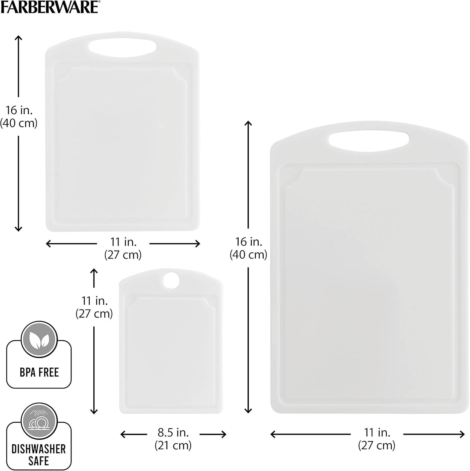 imageFarberware 3Piece Plastic Cutting Board Set DishwasherSafe Poly Chopping Board for Kitchen with Paddle Charcuterie Board Set WhiteSet