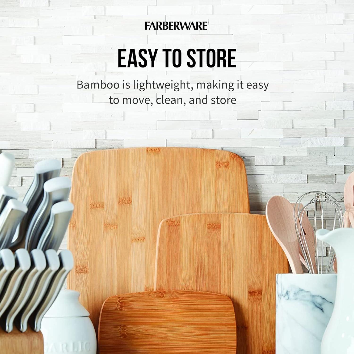 imageFarberware 3Piece Wood Cutting Board Set Reversible Chopping Boards for Meal Prep and Serving Charcuterie Boards Wooden Cutting Boards with Builtin Handles Set of 3 Assorted Sizes Bamboo14L x 11W