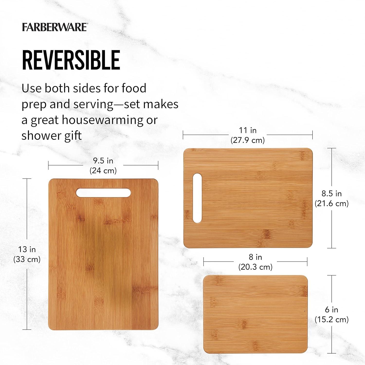 imageFarberware 3Piece Wood Cutting Board Set Reversible Chopping Boards for Meal Prep and Serving Charcuterie Boards Wooden Cutting Boards with Builtin Handles Set of 3 Assorted Sizes Bamboo11L x 08W