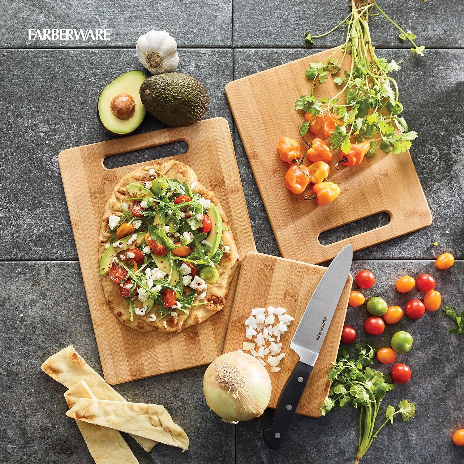 imageFarberware 3Piece Wood Cutting Board Set Reversible Chopping Boards for Meal Prep and Serving Charcuterie Boards Wooden Cutting Boards with Builtin Handles Set of 3 Assorted Sizes Bamboo11L x 08W