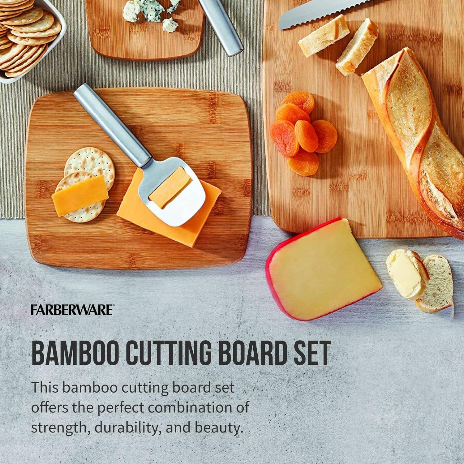 imageFarberware 3Piece Wood Cutting Board Set Reversible Chopping Boards for Meal Prep and Serving Charcuterie Boards Wooden Cutting Boards with Builtin Handles Set of 3 Assorted Sizes Bamboo14L x 11W