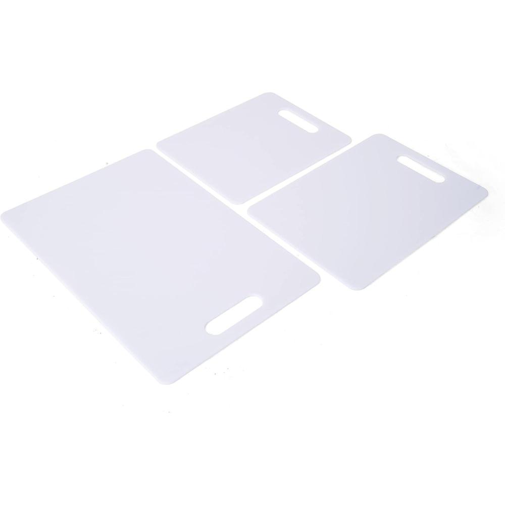 imageFarberware 3Piece Plastic Cutting Board Set DishwasherSafe Poly Chopping Board for Kitchen with Paddle Charcuterie Board Set WhiteSet