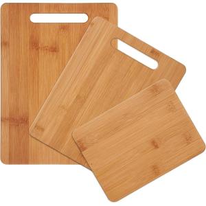 imageFarberware 3Piece Wood Cutting Board Set Reversible Chopping Boards for Meal Prep and Serving Charcuterie Boards Wooden Cutting Boards with Builtin Handles Set of 3 Assorted Sizes Bamboo11L x 08W