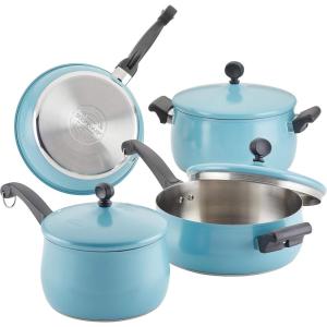 imageFarberware 120 Limited Edition Stainless Steel Cookware Pots and Pans Set with Prestige Kitchen Tools 10 Piece Aqua BlueAqua Blue