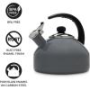 imageFarberware Omega Tea Kettle Whistling Tea Pot Works For All Stovetops Porcelain Enamel on Carbon Steel BPAFree RustProof Stay Cool Handle 275 quart 11 cups CapacityGrayGray