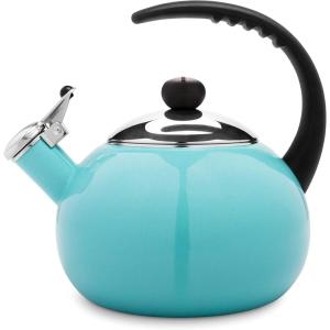 imageFarberware Luna Water Kettle Whistling Tea Pot Works For All Stovetops Porcelain Enamel on Carbon Steel BPAFree RustProof Stay Cool Handle 25qt 10 Cups Capacity BlackAqua