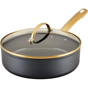 imageFarberware Forged Induction Ceramic Cookware Nonstick Saute Pan with Lid Dishwasher Safe Suitable for All Stovetops 3 Quart Sauteuse PanJumbo Cooker  Black and GoldBlack