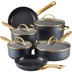 imageFarberware Forged Induction Ceramic Nonstick Pots and Pans Set with Cooking Tools Dishwasher Safe Gold Color Stainless Steel Handles 12 Piece Cookware Set  TaupeBlack