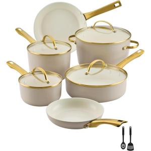 imageFarberware Forged Induction Ceramic Nonstick Pots and Pans Set with Cooking Tools Dishwasher Safe Gold Color Stainless Steel Handles 12 Piece Cookware Set  TaupeTaupe