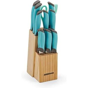 imageFarberware Soft Grip Cutlery Knife Block Set 14Piece Aqua and Gray