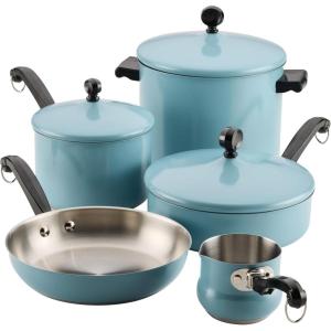 imageFarberware Classic Series Anniversary Edition Stainless Steel Cookware Set and Lids Induction Ready Dishwasher Safe 8 Piece Pots and Pans Metal Utensil Safe  AquaAqua