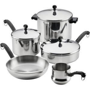 imageFarberware Classic Series Anniversary Edition Stainless Steel Cookware Set and Lids Induction Ready Dishwasher Safe 8 Piece Pots and Pans Metal Utensil Safe  AquaStainless Steel