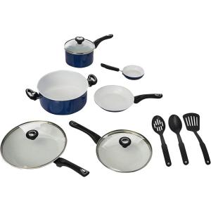 imageFarberware 17490 Ceramic Dishwasher Safe Nonstick Cookware Set  Pots and Pans Set  12 Piece BlueBlue