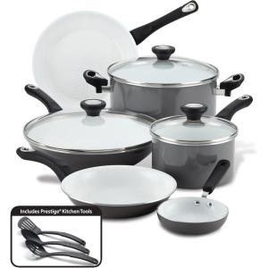 imageFarberware 17490 Ceramic Dishwasher Safe Nonstick Cookware Set  Pots and Pans Set  12 Piece BlueGray
